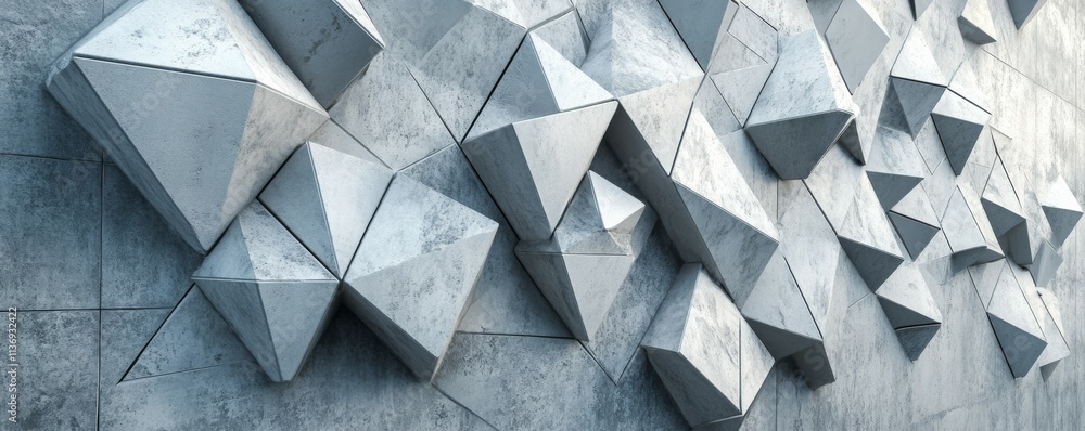 Poster 3d mosaic tiles arranged in the shape of a wall. futuristic wall. concrete, triangular bricks stacke