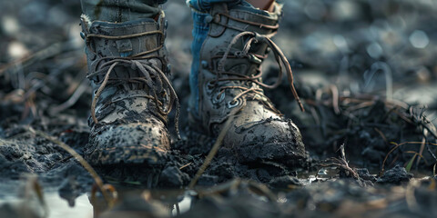 Mud-Covered Hiking Boots in Soil
