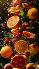 Dynamic composition of fresh fruits, including oranges, strawberries, and berries, splashing with water droplets