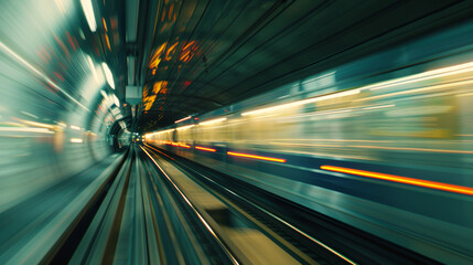 Fototapeta premium High-speed motion blur of a train in an underground subway tunnel