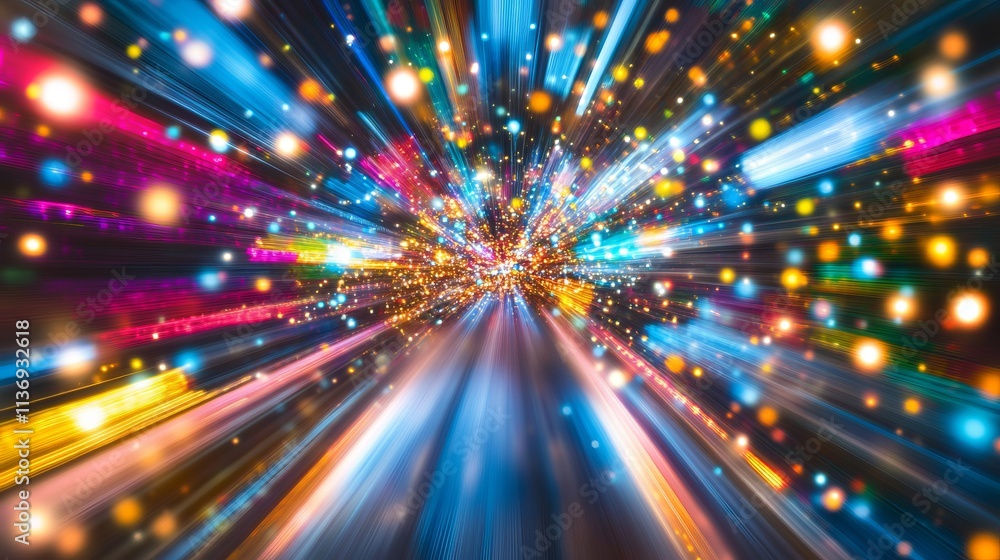 Poster a vibrant vector of colorful light trails creating a motion blur effect.