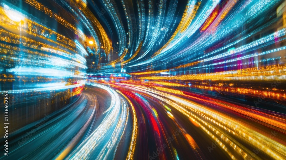 Poster a vibrant vector of colorful light trails creating a motion blur effect.