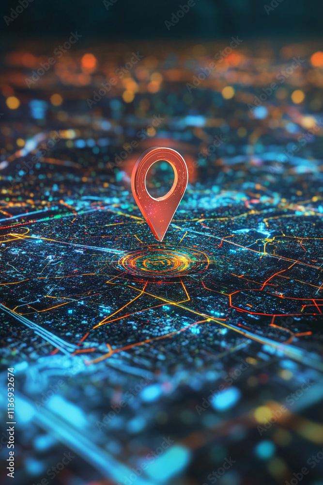 Poster Virtual land plot icon with GPS and mapping data overlays, representing real estate development and online property sales. 