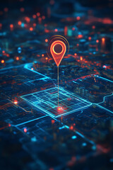 Virtual land plot icon with GPS and mapping data overlays, representing real estate development and online property sales. 