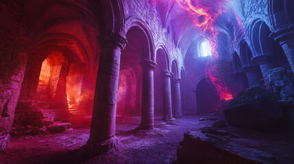 An eerie medieval monastery ruin, with columns and doorways faintly lit by red and violet flames that give the stone a spectral glow.