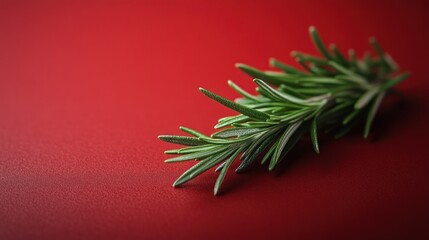 A vibrant rosemary sprig rests elegantly on a rich dark red surface, highlighting its fresh green color. It serves as a flavorful herb for cooking or as a decorative element