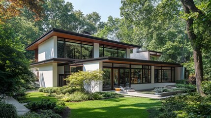 Spacious contemporary house surrounded by lush greenery. 