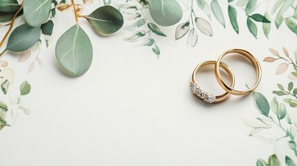 Two wedding rings placed on a wedding card against a white background.