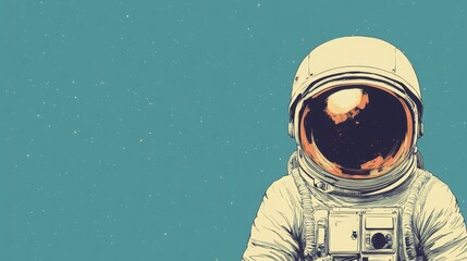 Stylized retro astronaut with a reflective helmet against a blue backdrop, nostalgic for space exploration 