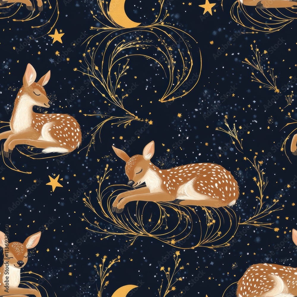 Poster this enchanting pattern features serene deer in restful poses, surrounded by whimsical stars and cre