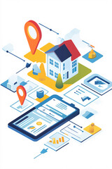 Fototapeta premium Virtual property listing icon surrounded by search filters, graphs, and online marketing metrics for web-based real estate solutions. 