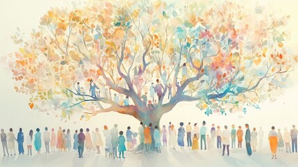 Watercolor of a large family tree, featuring unrecognizable people of various sizes, rendered in soft, light colors