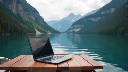 Among the mountains on the lake there is a boat on which there is a laptop