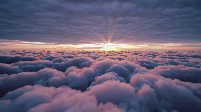 Majestic aerial view above fluffy clouds at sunset. Golden sunburst breaks through dramatic cloudscape. Heavenly sky landscape with pink and purple hues. Cloud Dancer - Color of the year 2026