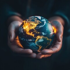 Fototapeta premium A glowing globe held in hands symbolizes care for the planet, highlighting themes of sustainability, global awareness, and responsibility.