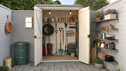 Garden shed interior with organized tools and gardening supplies in a neat space