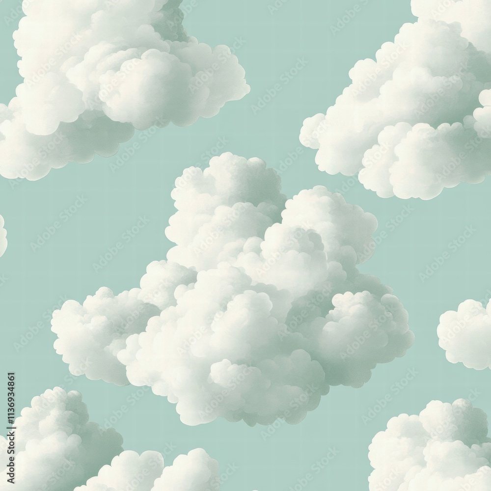 Poster delicate cumulus clouds float harmoniously across a tranquil aqua backdrop, creating a serene and wh