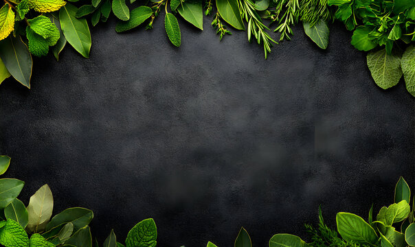 Lush green herbs and leaves frame a dark background, perfect for culinary or natural product promotions.