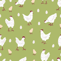 Hand Drawn Chickens, Chicks, and Eggs. Farm Birds on Green Background. Easter Seamless Pattern with Poultry.
