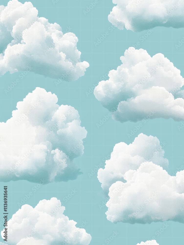 Poster soft, fluffy clouds float lazily across a serene blue background, inviting imagination and creativit
