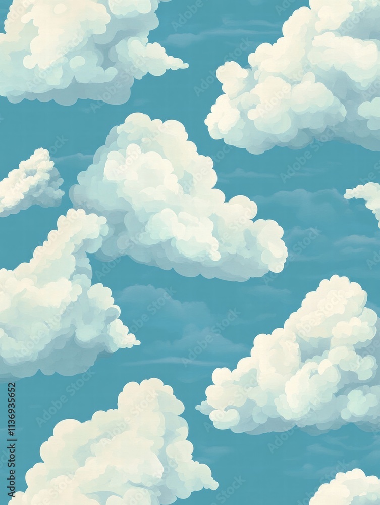Poster soft, fluffy clouds float against a tranquil blue backdrop, forming a charming seamless pattern perf