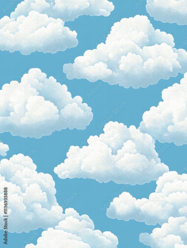 Poster soft and fluffy white clouds float effortlessly in a vibrant blue sky, creating a serene and cheerfu