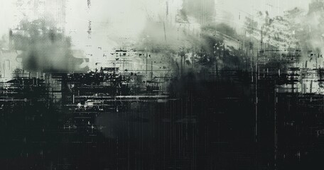 Abstract monochrome artwork with textured layers and blurred lines.
