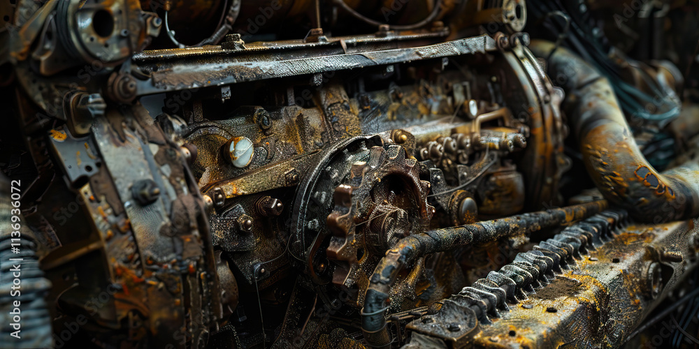 Poster close-up of rusted engine block and mechanical components