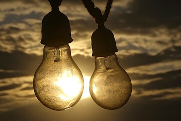Two vintage light bulbs hanging from a rope, one of them appears to be on and the other one off. The sun sets in the background and casts a warm glow over the scene. Background of sky with clouds.