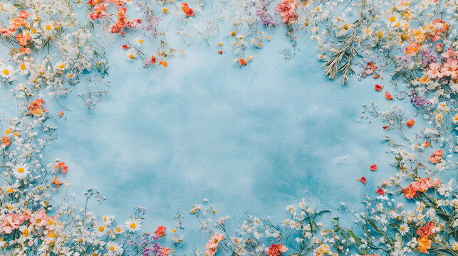 Delicate pastel flowers arranged in a beautiful frame on a light blue textured background, ideal for wedding invitations or spring themes.