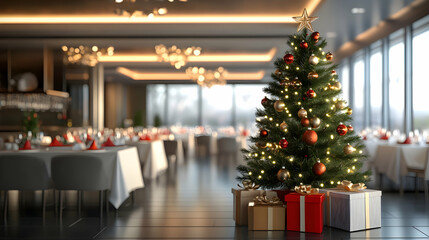 Decorated Christmas tree with gifts inside a restaurant kitchen.