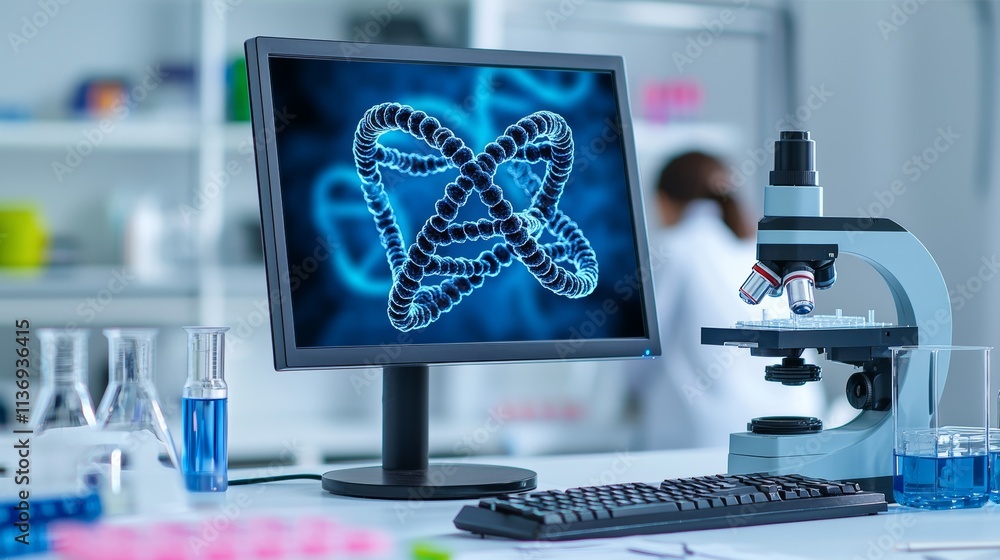 Poster animating dna chains on computers within a genetic laboratory, showcasing modern technology and scie