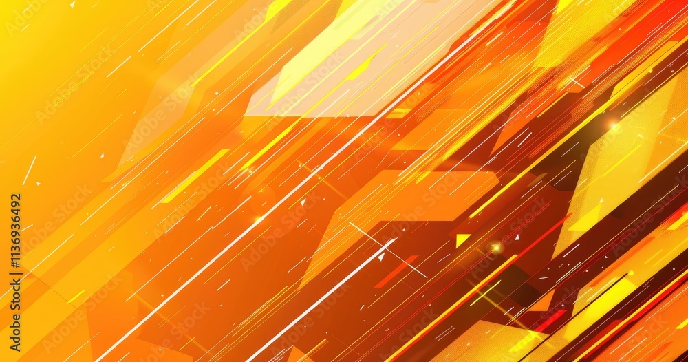 Poster abstract design featuring dynamic orange and yellow lines with geometric shapes.