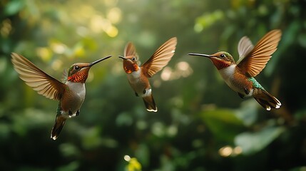 Fototapeta premium Three hummingbirds hovering in lush tropical forest
