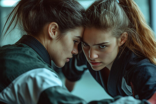 Zweikämpfende Sportlerinnen im Training für Selbstverteidigung

