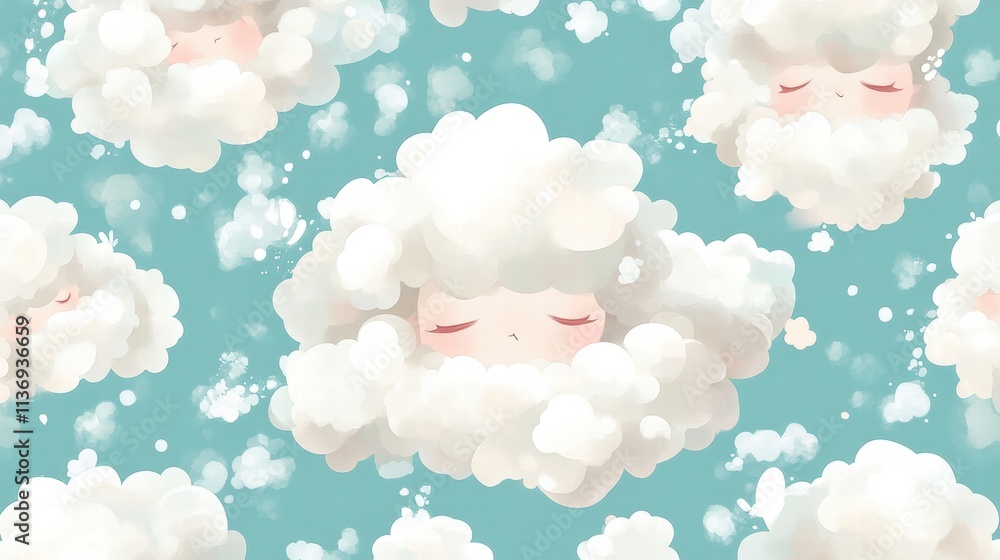 Poster soft, fluffy clouds with gentle faces drift across a soothing blue backdrop, creating a whimsical at