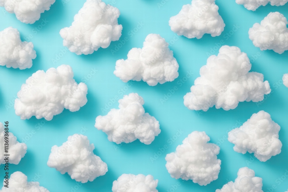 Poster fluffy white clouds float joyfully across a serene blue backdrop, creating a cheerful and whimsical 