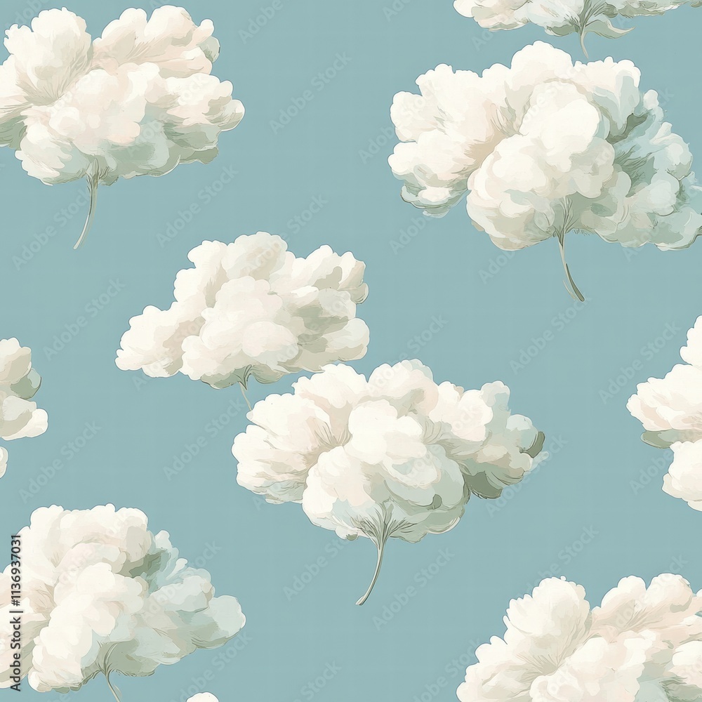 Poster whirling clusters of fluffy clouds float serenely on a tranquil blue backdrop, perfect for evoking c