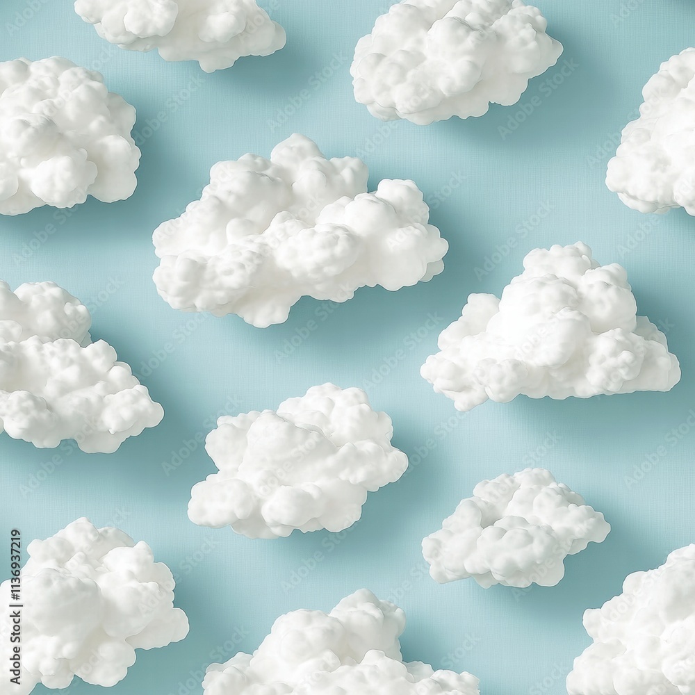 Poster plump, fluffy clouds float gracefully on a soft blue background, creating a dreamy atmosphere perfec