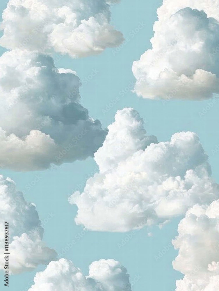 Poster delicate cotton-like clouds float gently in a bright blue sky, forming a harmonious, continuous patt