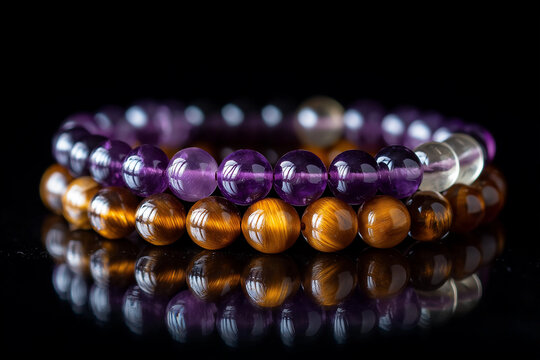 Elegante Armband aus Amethyst und Tigerauge auf schwarzem Hintergrund

