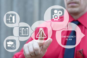 Business person using virtual touch screen push button: attention sign. Concept of emergency...