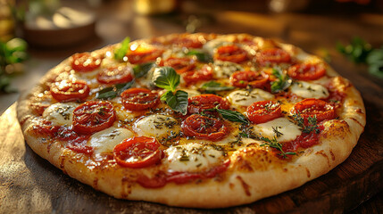 Freshly Baked Pizza with Mozzarella, Tomatoes, Basil, and Olive Oil on Rustic Wooden Board
