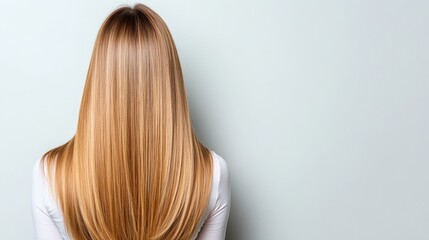 Obraz premium An artistic back view of a young woman showcasing her long, smooth, and straight hair, creating a sense of mystery and sophistication, photographed indoors.
