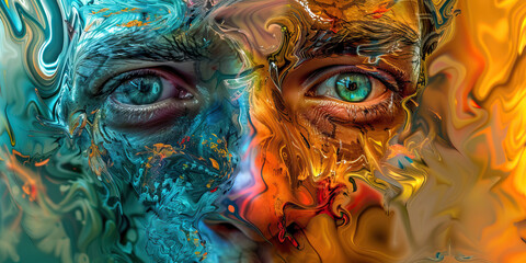 Obraz premium Abstract Digital Painting of Two Eyes in Complementary Color Schemes