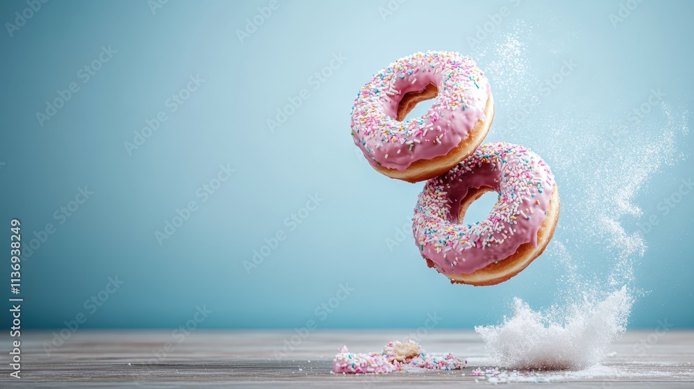 Poster two pink frosted donuts with sprinkles defy gravity, balancing artfully over a wooden surface. the d