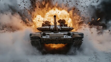 A military tank advances through snowy conditions, highlighted by a large fiery explosion behind it, exemplifying grit and resilience in battle scenarios.