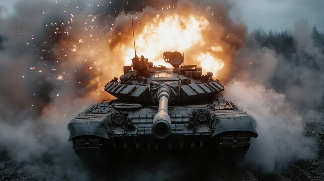 A military tank is captured in action, with a powerful explosion erupting behind it, conveying the intensity and dynamics of warfare and technology.