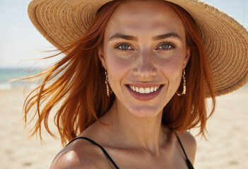 Portrait of beautiful woman hiding behind a straw hat at beach and looking at camera with beautiful green eyes. Closeup face of smiling girl with freckles and red hair relaxing at seaside.