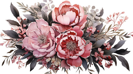Romantic watercolor bouquet with peonies and eucalyptus for elegant and dreamy visuals, isolated on transparent background.